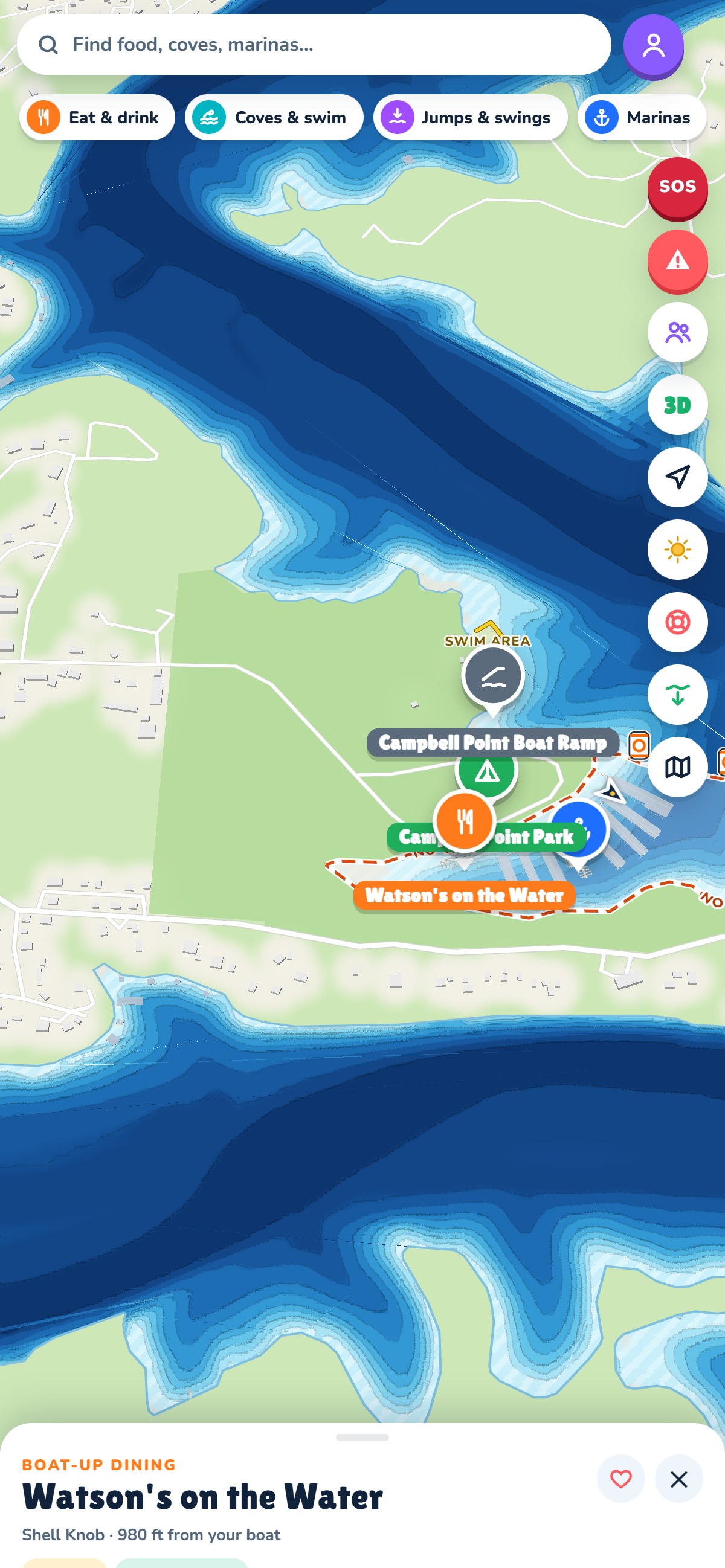 2D map of Campbell Point: depth bands at today's lake level, docks, the no-wake line